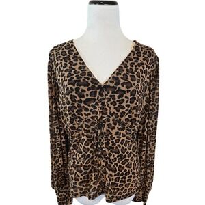 Ember‎ Womens Leopard Print Lace Up Front Smocked Back Blouse Size L Stretch